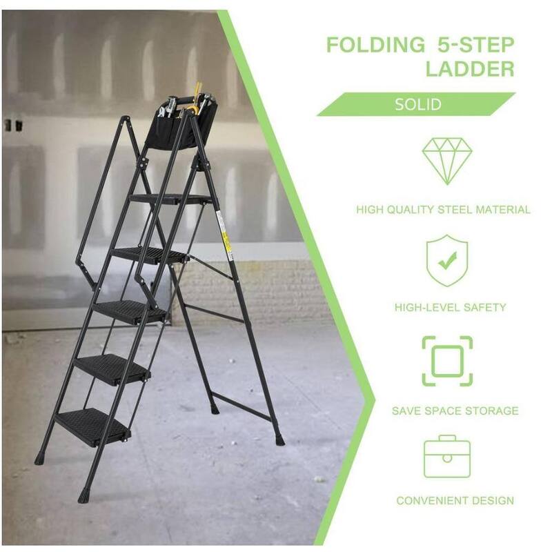 5-Step Steel Folding Step Stool Ladder with Removable Tool Bag