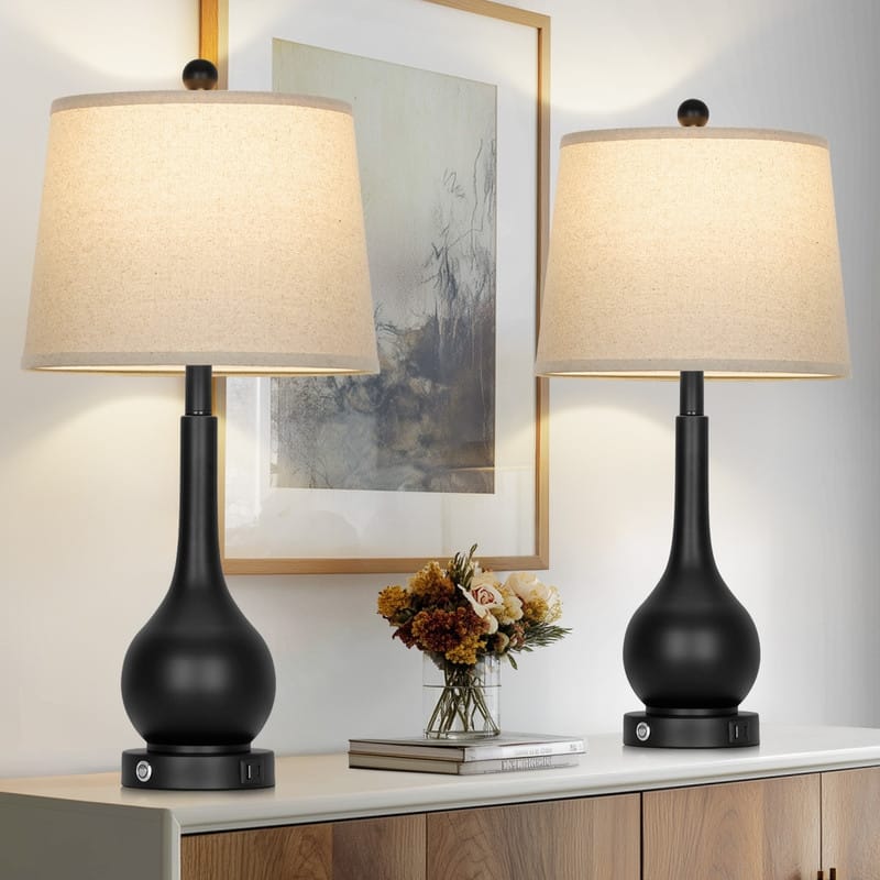 26'' Modern Table Lamps with Oatmeal Fabric Shades & Dual USB Charging Ports (Set of 2) - 12.5'' X 12.5'' X 26''