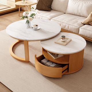 Round Coffee Table Nesting Tables Set of 2, Modern Coffee Tables for Living Room, Faux Marble Storage Cocktail Table with Drawer