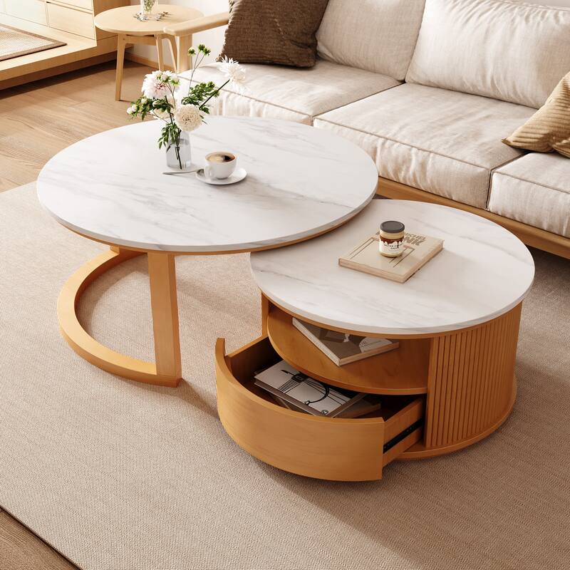Round Nesting Coffee Table with White Marble Top, 2-Tier storage and 1 drawer, Natural, 28.5" - Natural
