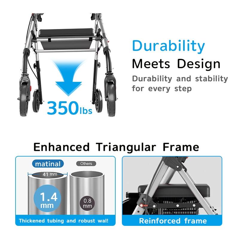 Matinal Foldable Rollator Walkers with Seat for Seniors, 350 lb Capacity, 8'' Big Wheels, 6-Position Height