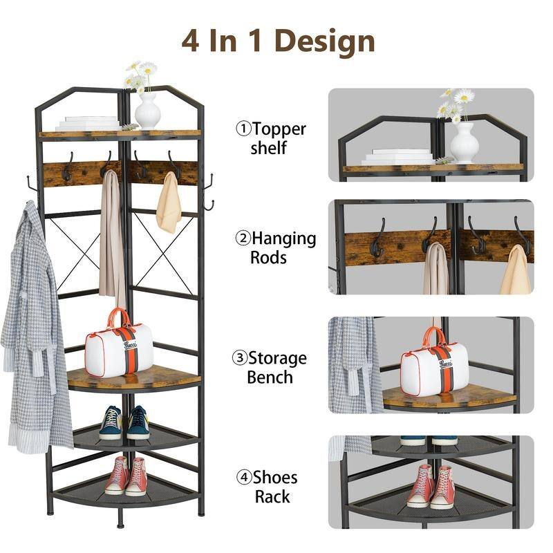 Entryway Corner Hall Tree with Shoe Rack, Coat Rack with 6 Double Hooks, Home Organizer for Entryway, Hallway, Closet, Bedroom