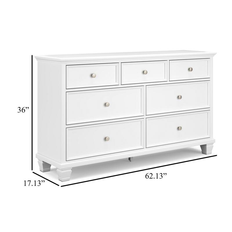 Heno Wide Dresser, 7 Storage Drawers, Nickel Round Knob Handles, White