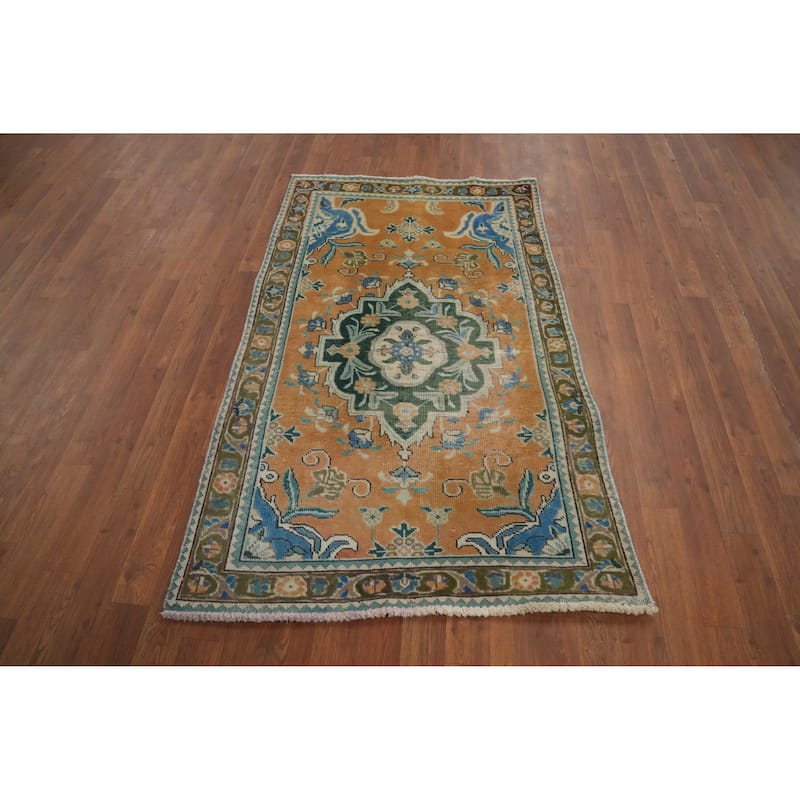 Hand Knotted Oriental 100% Wool Carpet Traditional Floral Oranges & Rust Tabriz Area Rug - 4' 10'' X 3' 0''