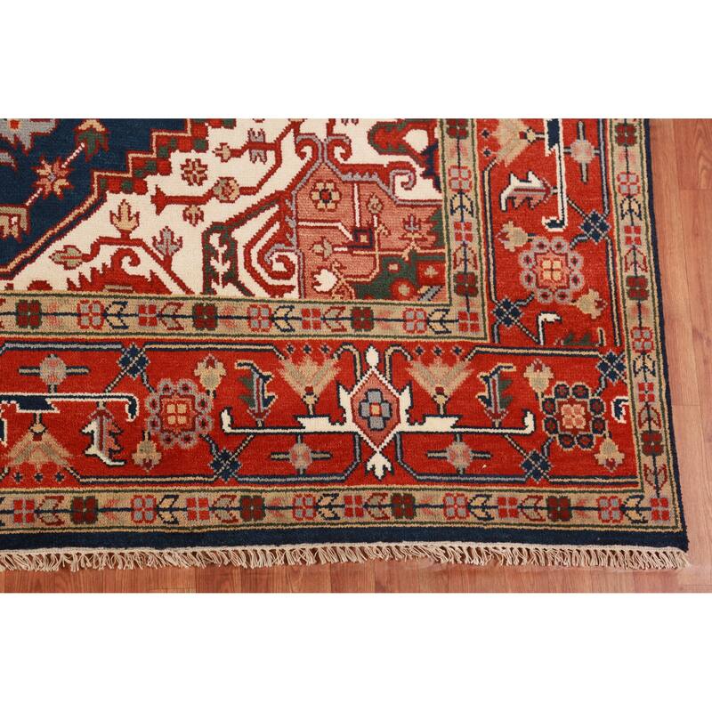Navy Blue Heriz Serapi Indian Area Rug Handmade Wool Carpet - 9'0" x 11'10"
