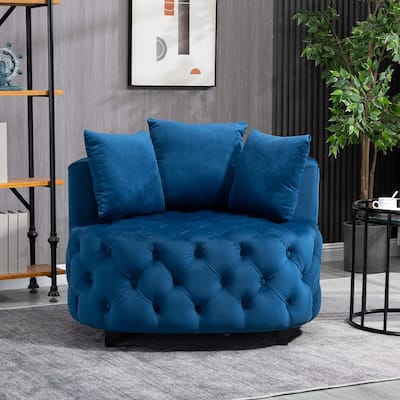 Blue Modern 24" Velvet Upholstered Buttons Tufted Barrel Chair with Pillows