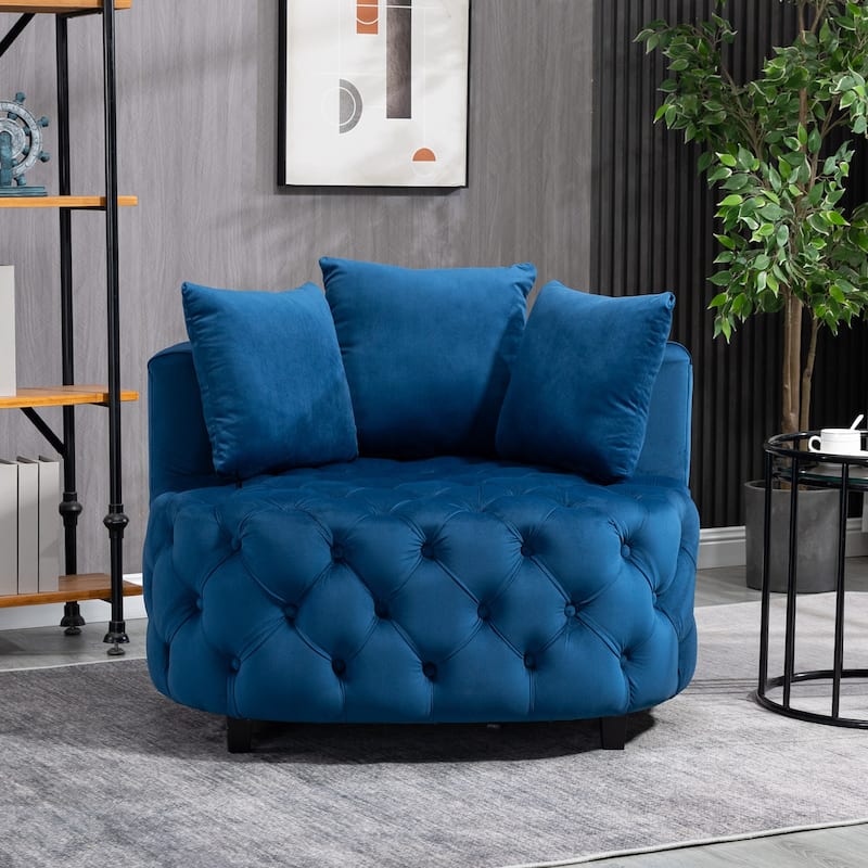 Velvet Upholstered Tufted Barrel Sofa Chair For Living Room With Toss Pillows