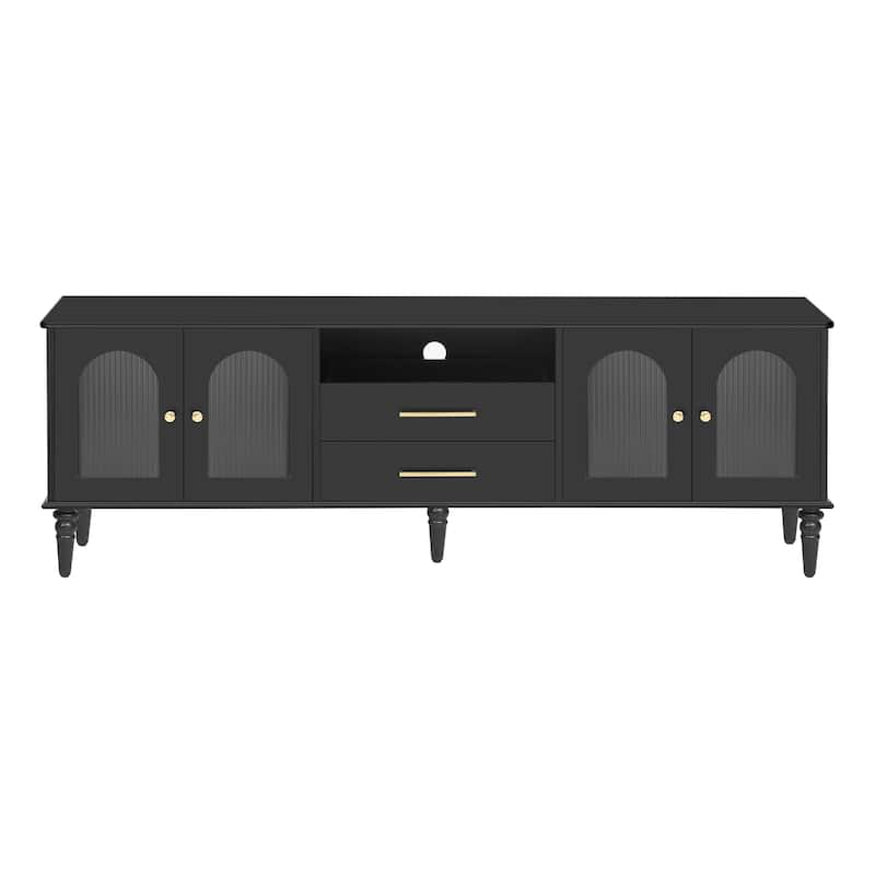 Retro TV Stand for TVs up to 75 Inches with Fluted Glass Doors - 68.8" D x 15.6" W x 23" H - Black