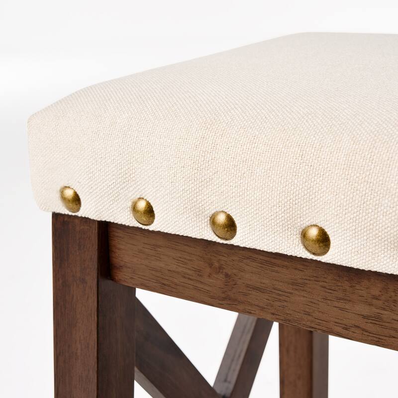 Nailhead Trim Bar Stool, X-Wooden Bar Chair Set, Fabric Upholstered Dining Chair, Backless Island Dining Chair (2-Pcs Set)