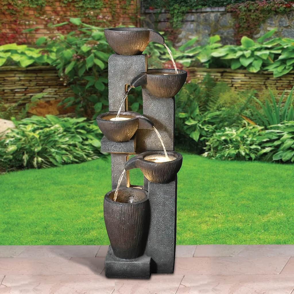 5-Tier Outdoor Water Fountain with LED Lights, 39'' Garden Decor