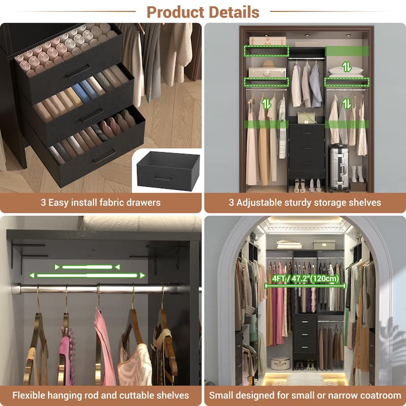 4FT Kid's Closet Syatem with Fabric Drawers for Small Closet, Closet Organizer for Walk-in/ Reach-in Closet
