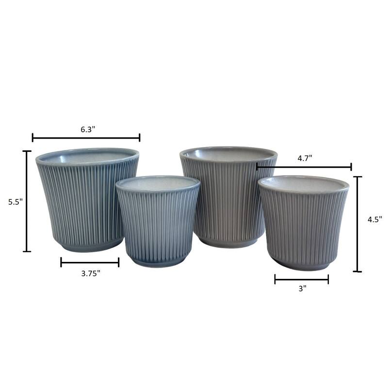 6.3" & 4.7" Dia. Indoor Ceramic Plant Pot Set - Blue-Gray & Warm-Gray - Ribbed Design - 4 Piece Set