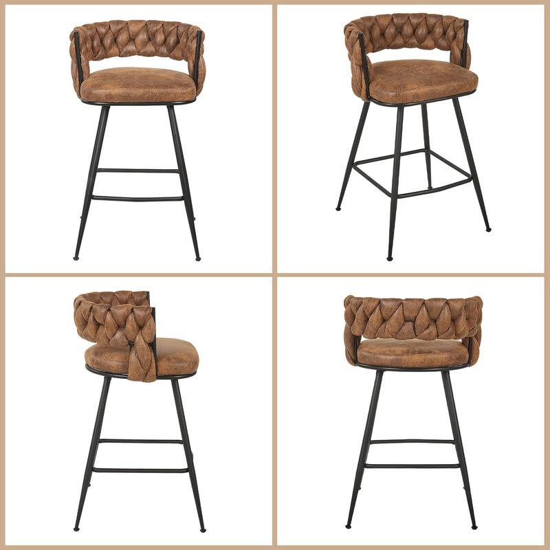 VECELO Counter Height Bar Stools with Woven Backrest 26.77" Seat Height Mid-Century Modern Upholstered Bar Chairs for Kitchen