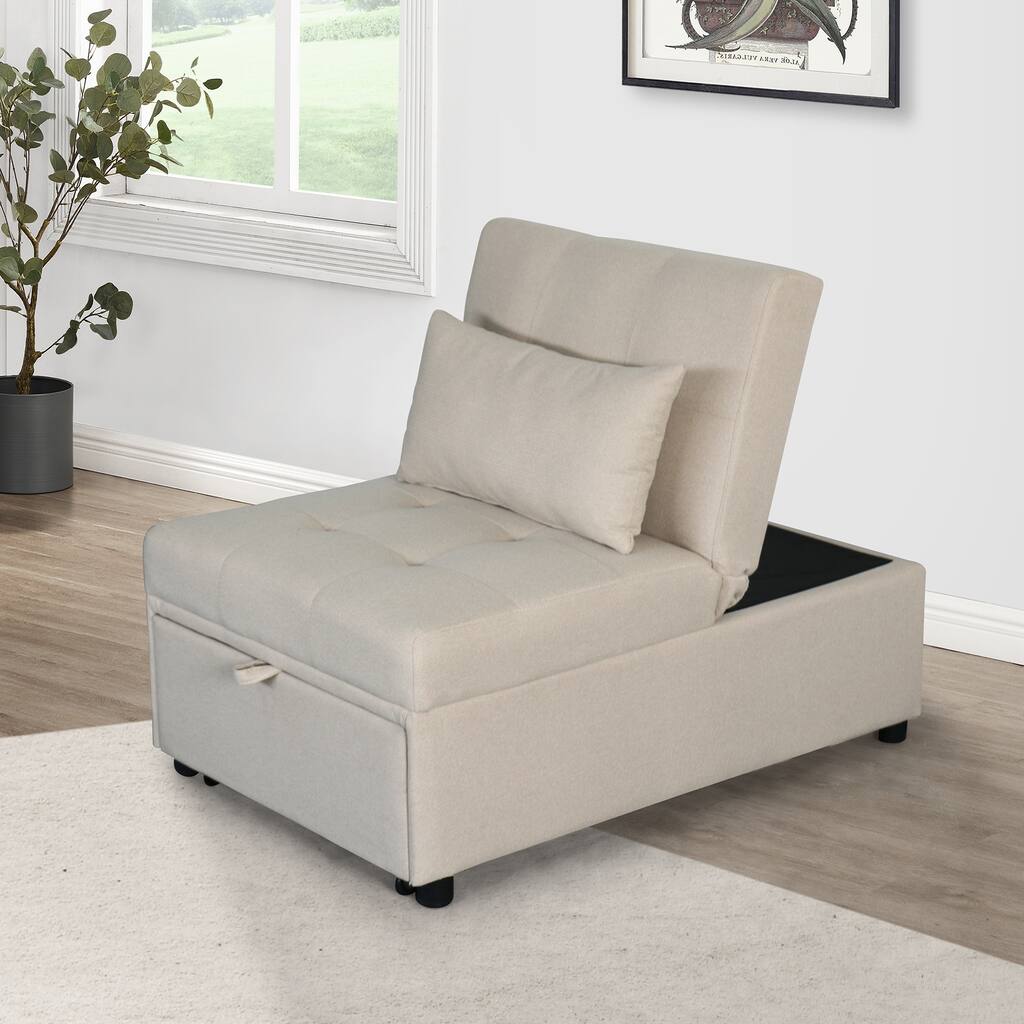 Beige 39.8" Single Folding Ottoman Sofa Bed with Adjustable Back and Pillows for Living Room
