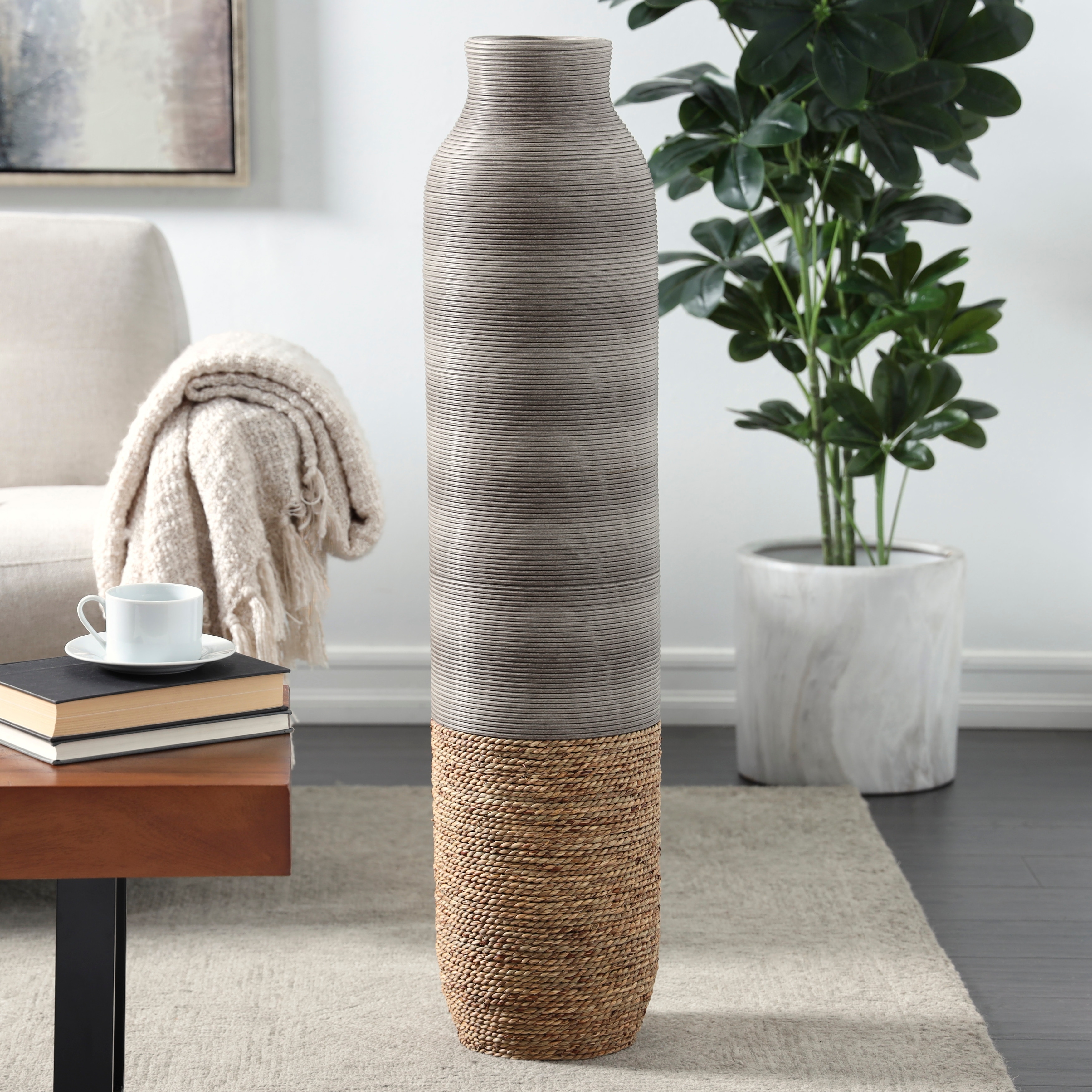 Brown Seagrass Handmade Ribbed Decorative Vase with Coiled Seagrass Base