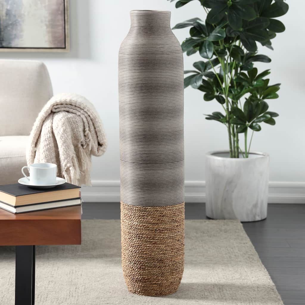 Brown Seagrass Handmade Ribbed Decorative Vase with Coiled Seagrass Base