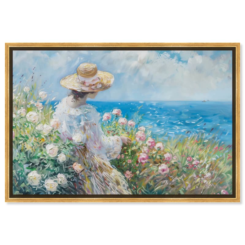 Art Remedy Gentle Sea Framed Impressionism 1 Piece Canvas Wall Art /Monet And Van Gogh Inspired Art - 17 x 25 - Gold