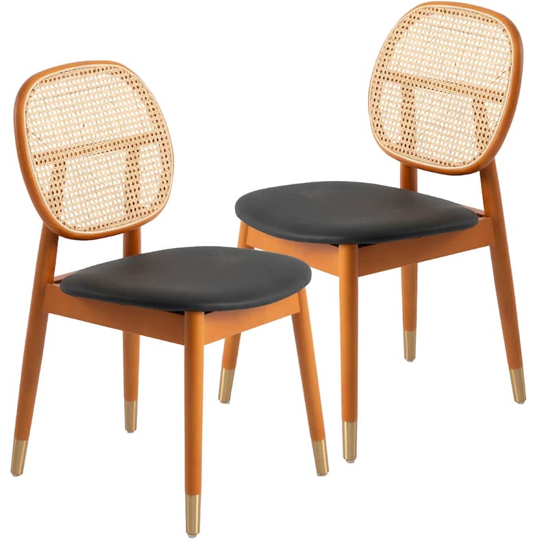Holbeck Modern Rattan Leather Upholstered Dining Chair with Plush Padding Beech Wood Legs for Stylish Homes Set of 2 - Black