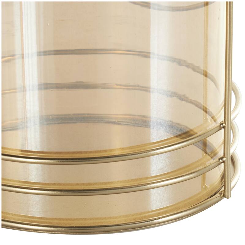 Metal Indoor Outdoor Candle Lantern with Thin Circular Rods and Tinted Glass - Gold - Roche River Decor
