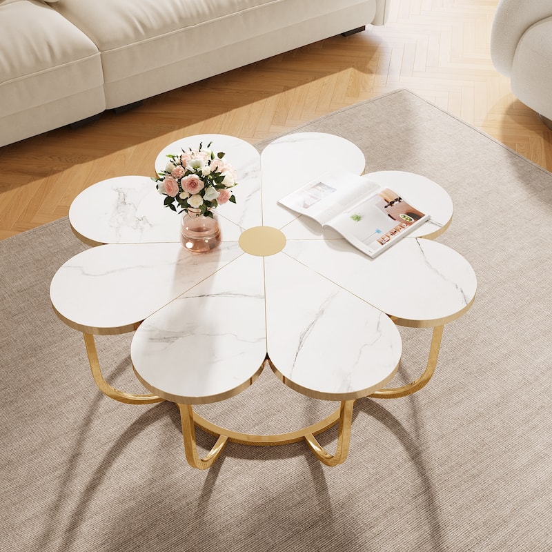 39.4 Inch Modern Flower-Shaped Coffee Centra Table for Living Room - White Gold