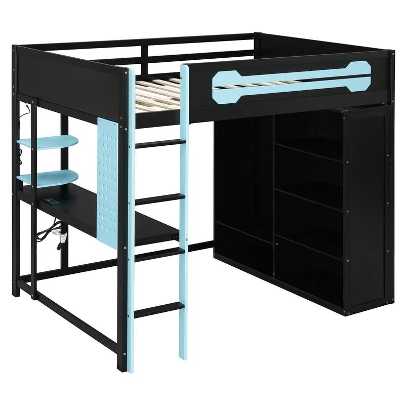 Full Wood Loft Bed with Desk, Open Wardrobe & RGB Lighting