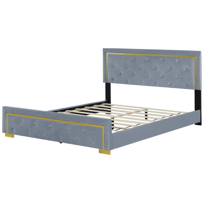 Velvet Upholstered Platform Bed With Pull Point Headboard And Metal Wire Frame