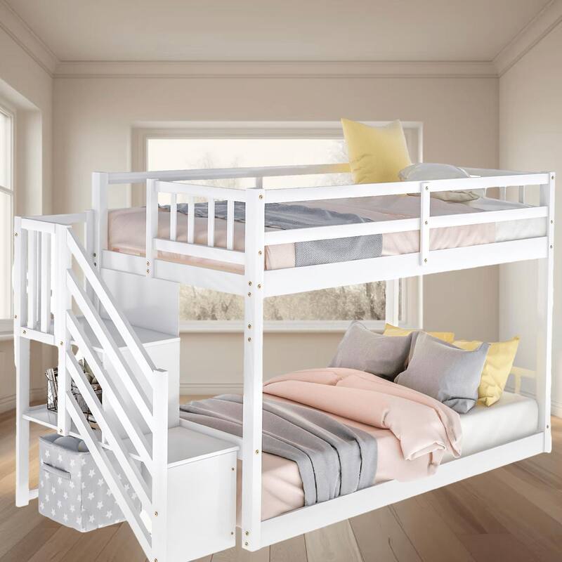 Twin Over Twin Size Wooden Bunk Platform Bed Frame with Storage Ladder and Double Guardrails for Safety, Bedroom Furniture - White - Twin