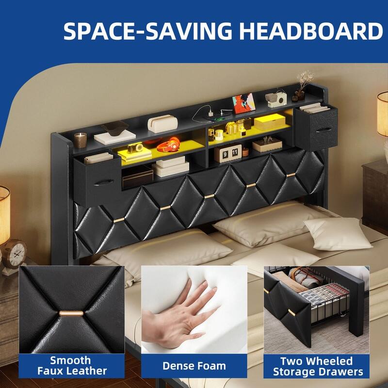 Moasis Upholstered Bed Frame with Storage Headboard And Charging Station and LED Light