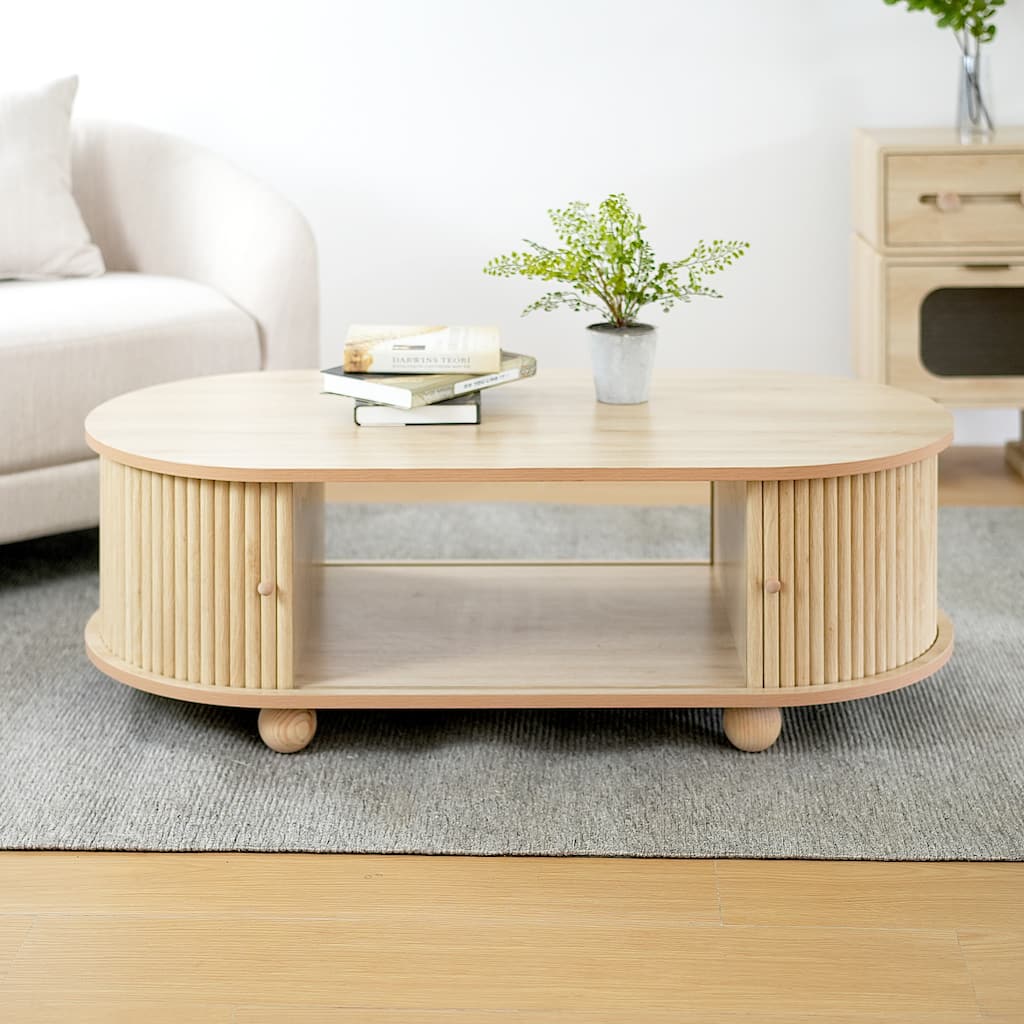Oval Side Table Storage Table End Table with Shelves, Natural Cocktail Table Sofa Table Center Table