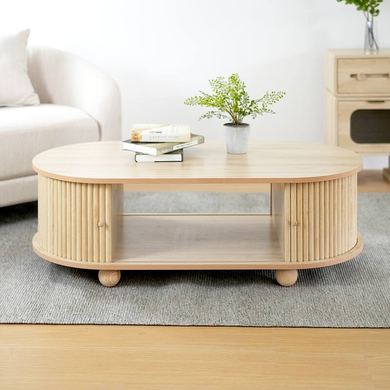 Oval Side Table Storage Table End Table with Shelves, Natural Cocktail Table Sofa Table Center Table - Natural