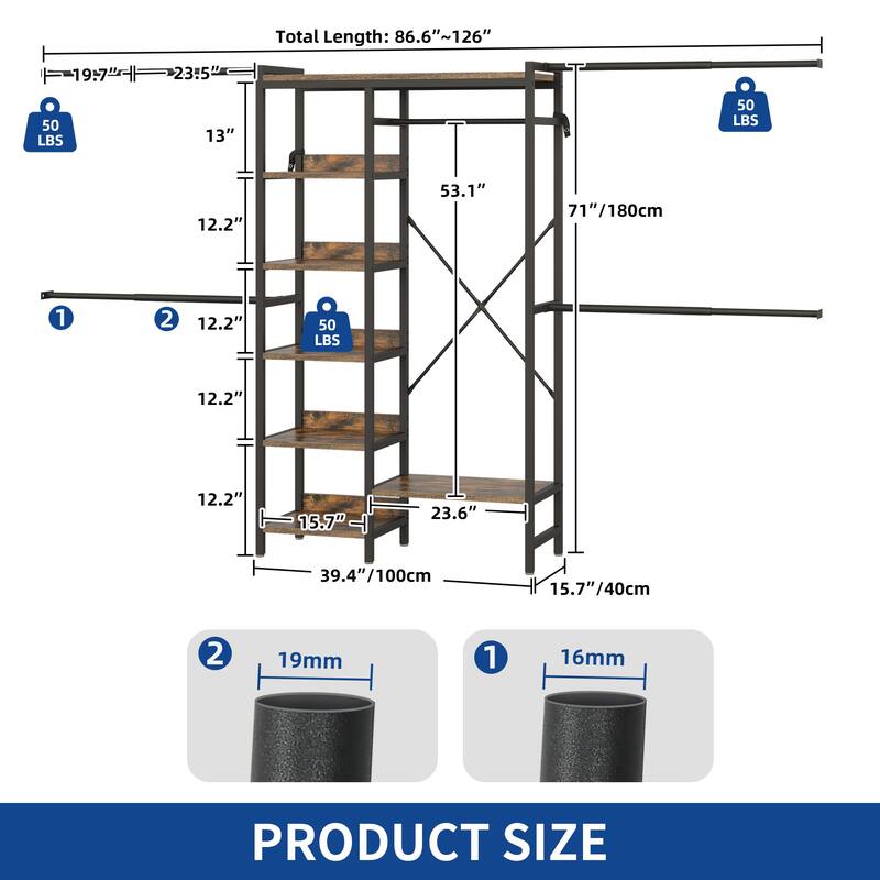 Moasis 86.6" - 118"W Adjustable Heavy Duty Garment Rack Closet Organizer System With 4 Expandable Hanger Rods