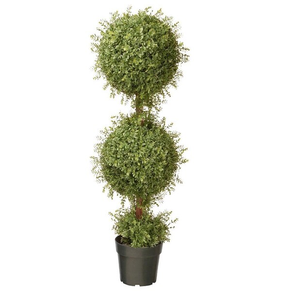 48" Potted Artificial Two-Tone Green Mini Tea Leaf Double Ball Topiary - N/A