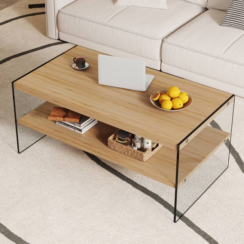 43.3" Modern Rectangular Coffee Table with Tempered Glass Legs and Storage Shelf