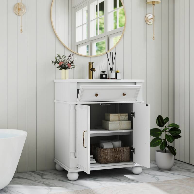 28"/36" Bathroom Vanity with Sink, Integrated Ceramic Basin Vanity Cabinet with Roman Column Base, Solid Wood Frame