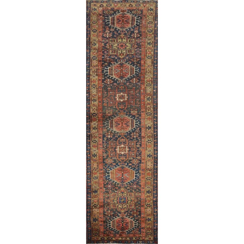 Hand Knotted Oriental 100% Wool Carpet Traditional Tribal Navy Blue & Blues Heriz (serapi) Runner Rug - 14' 5'' X 3' 1''