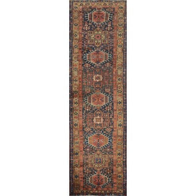 Hand Knotted Oriental 100% Wool Carpet Traditional Tribal Navy Blue & Blues Heriz (serapi) Runner Rug - 14' 5'' X 3' 1''