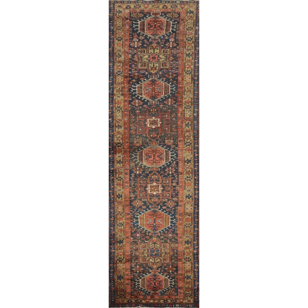 Hand Knotted Oriental 100% Wool Carpet Traditional Tribal Navy Blue & Blues Heriz (serapi) Runner Rug - 14' 5'' X 3' 1''