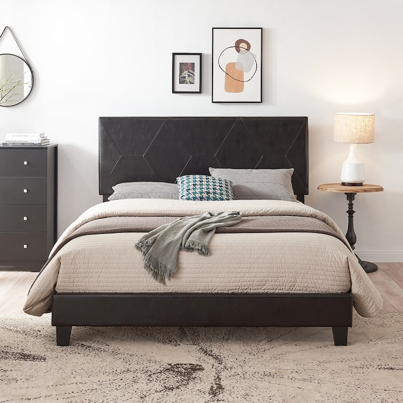 Queen Size Upholstered Platform Bed Frame ,Wood Slat Support, Easy Assembly,Black,PU - Black