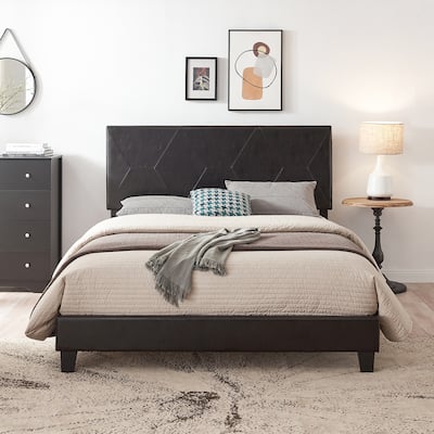 Queen Size Upholstered Platform Bed Frame ,Wood Slat Support, Easy Assembly,Black,PU