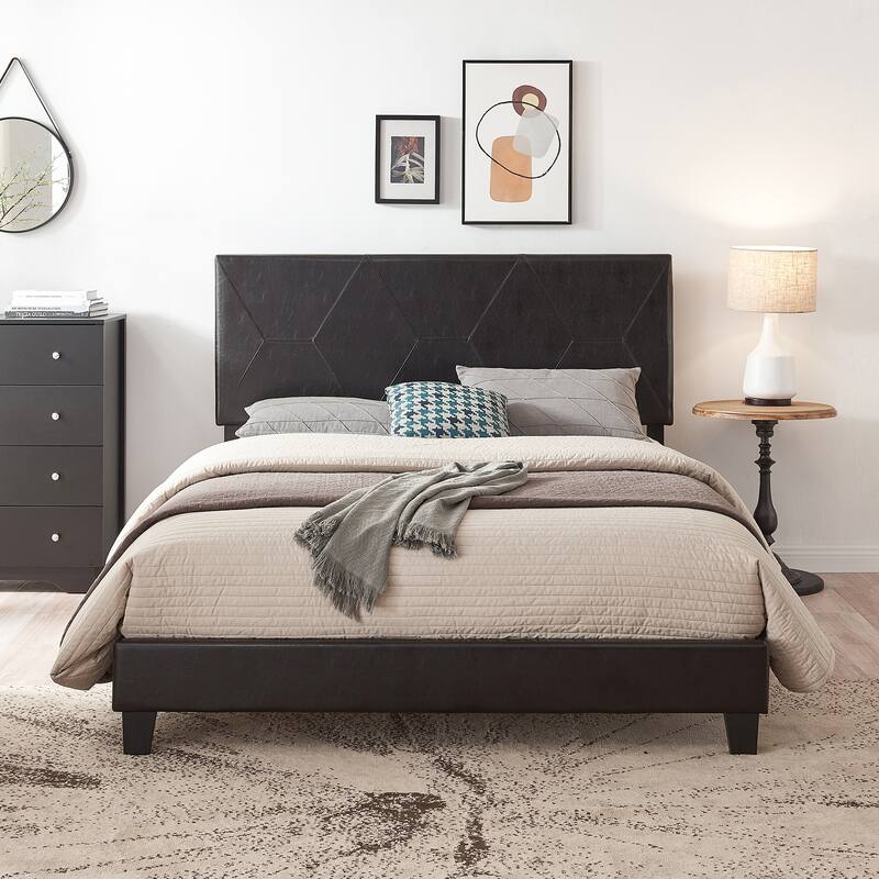 Queen Size Upholstered Platform Bed with Slat Support - Black PU