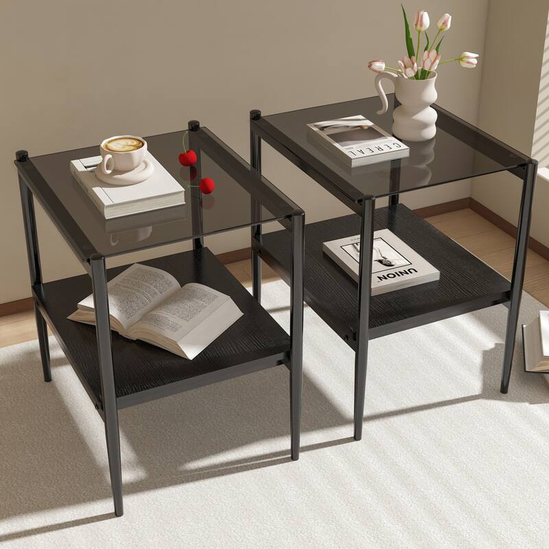Set of, 2 Rectangle End Table, Tempered Glass Tabletop with MDF layer, Modern Table for Living Room - Gray