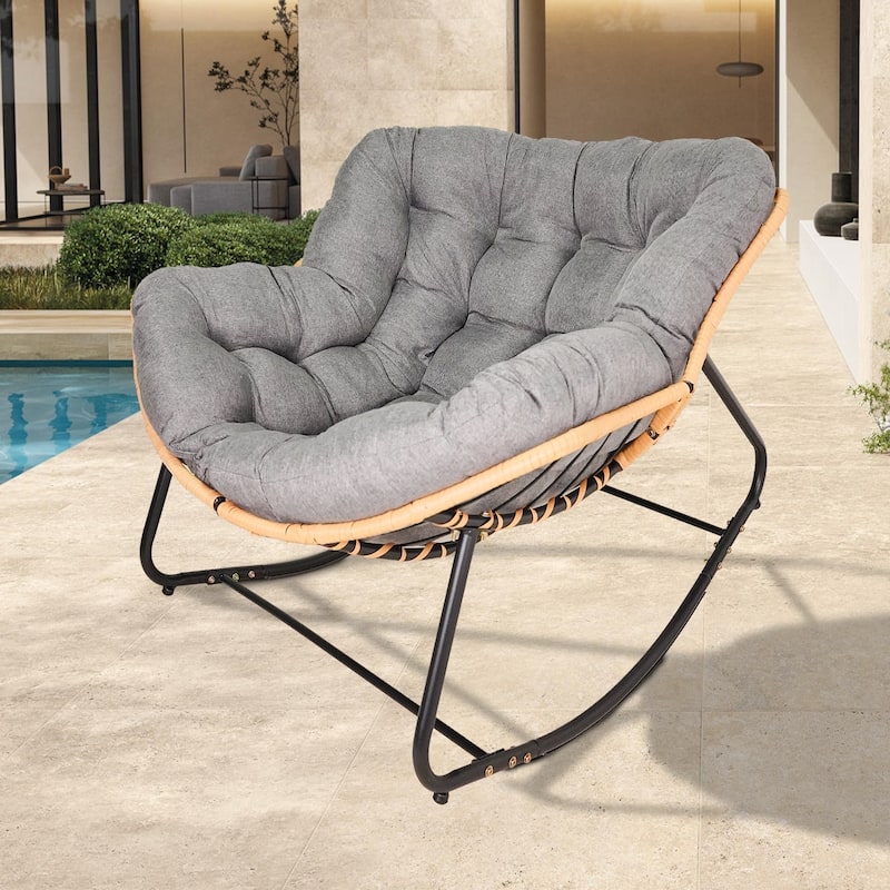 Larger Outdoor Rocking Chair, Patio Egg Rocking Chair, Indoor Papasan Chair, Rattan Wicker Lounge Chair - Grey