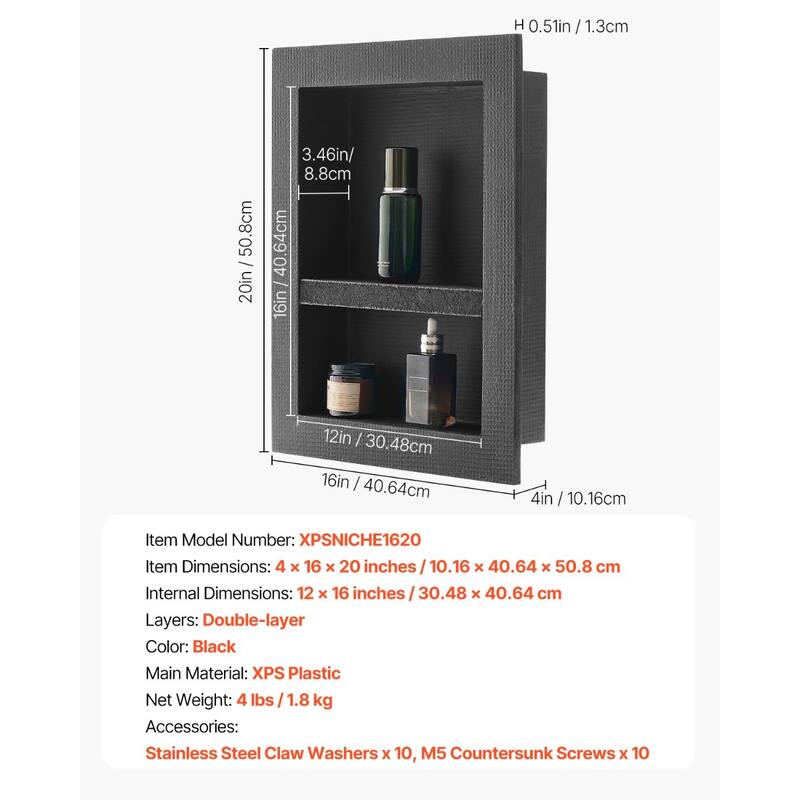Black Plastic Shower Niche with Double-Layer Waterproof Design - 16 x 4 x 20 in