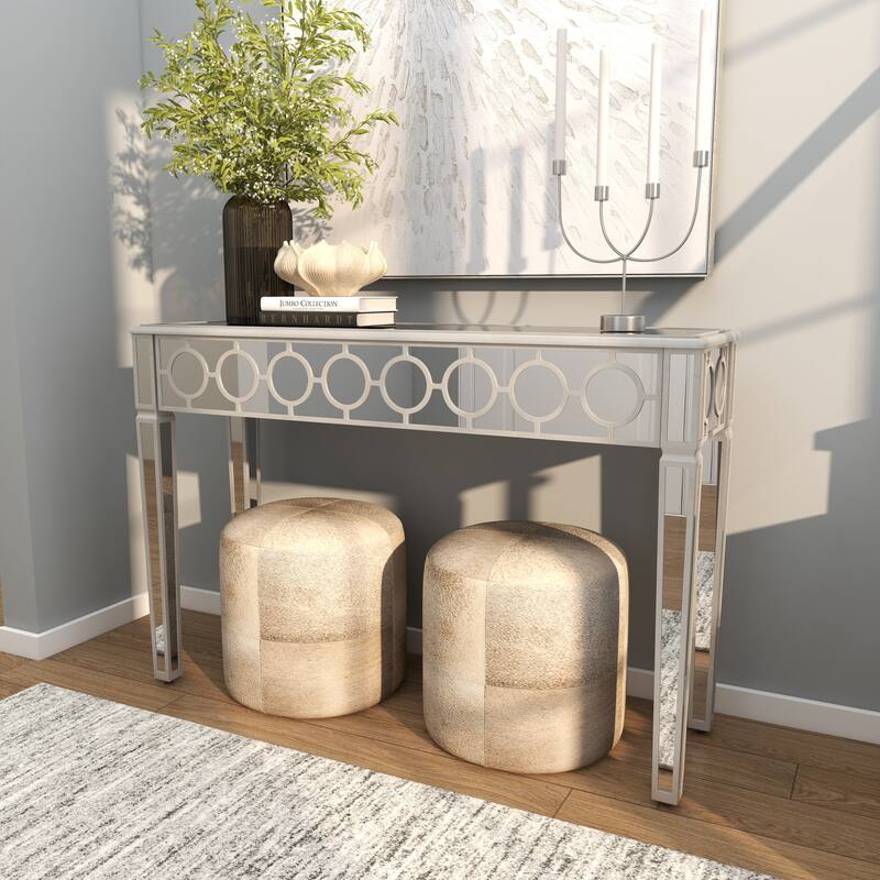 Silver Glass Mirrored Geometric Console Table with Circular Panel Inlay