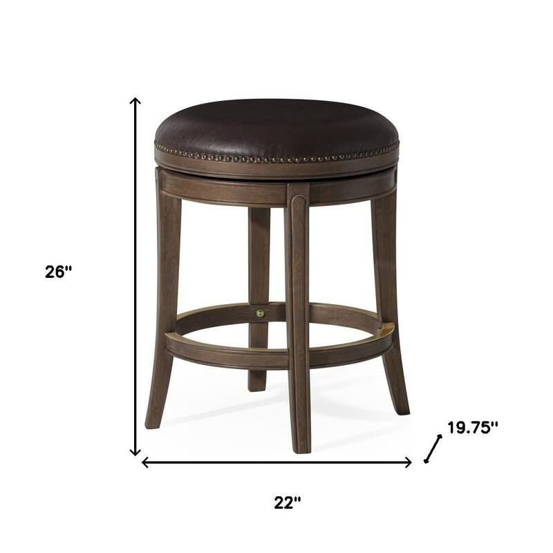 HomeRoots 26" Brown Faux Leather and Solid Wood Backless Counter Height Swivel Bar Chair