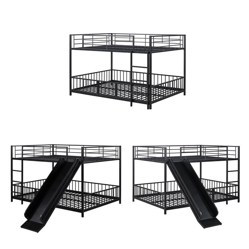 Black Full over Full Size Metal Bunk Bed with Slide & Guardrails