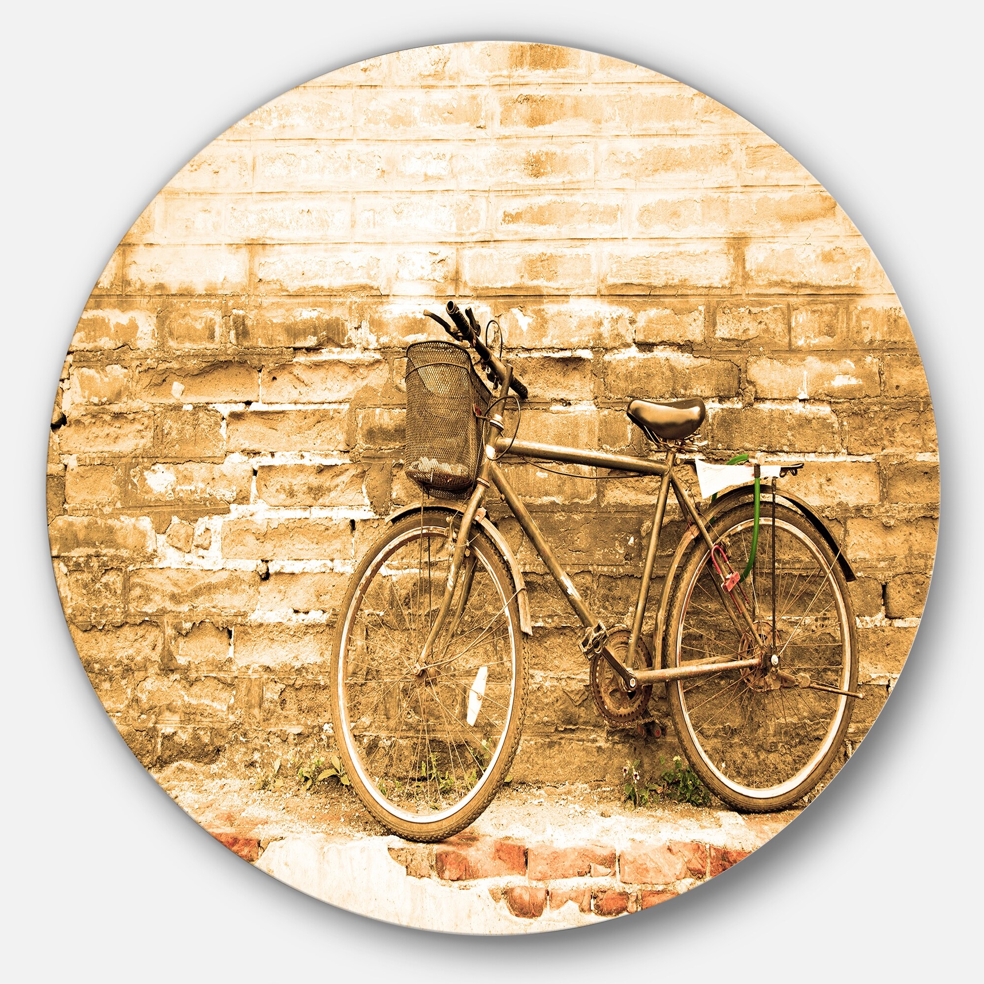 Designart Vintage Bicycle Against Brown Wall Landscape Disc Metal Wall Art Overstock 14254611