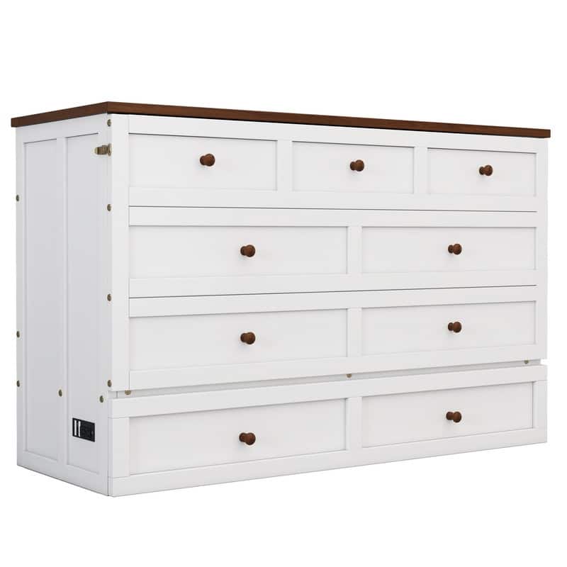 Modern Platform Murphy Bed, Full/Queen Size Mobile Murphy Cube Cabinet Bed w/ Drawer and Charging Station, Wood Murphy Bed Chest
