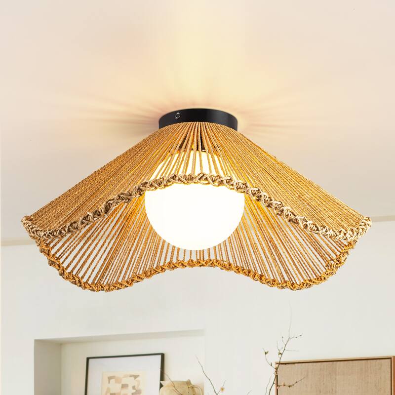 1-Light Boho Jute Rope Flush Mount Ceiling Light - Scalloped Natural Fiber Fixture for Bedroom - 1 Light - Beige
