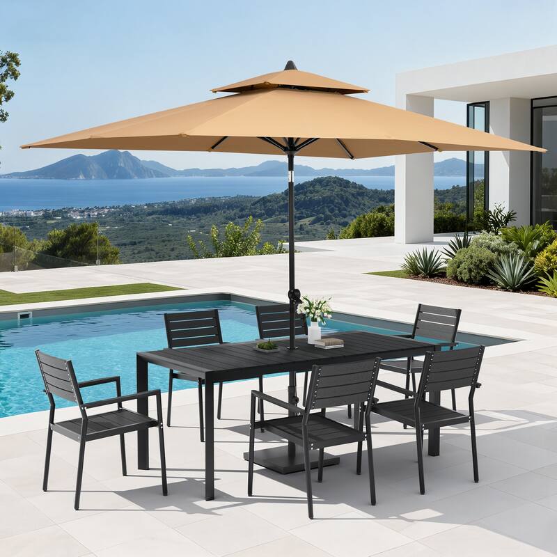 Set of 9 Outdoor Patio Dining Set WoodLike Aluminum Umbrella Hole Table with Stackable Armchairs, Market Umbrella Set - BlackTable&BlackChairs&TanUmbrella